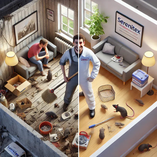 Comparaison entre dératisation DIY inefficace et intervention professionnelle par un technicien Serenitex