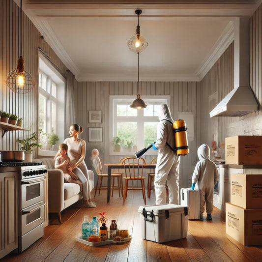 Famille préparant leur logement pour une dératisation : meubles déplacés, aliments sécurisés, technicien en inspection