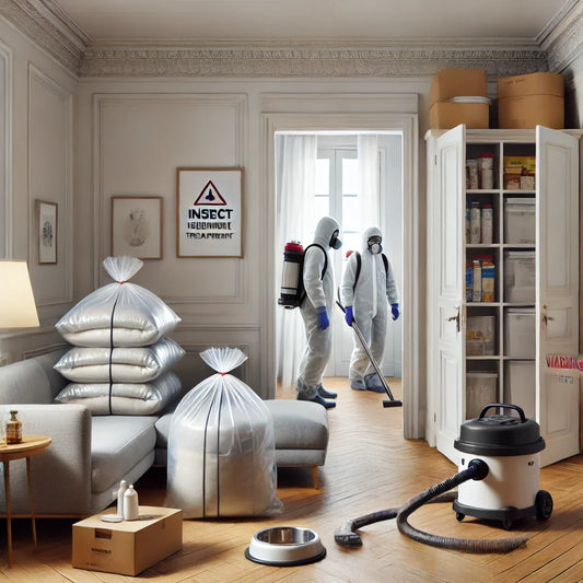 Préparation d’un appartement avant désinsectisation : meubles écartés, objets protégés, technicien Serenitex prêt à intervenir
